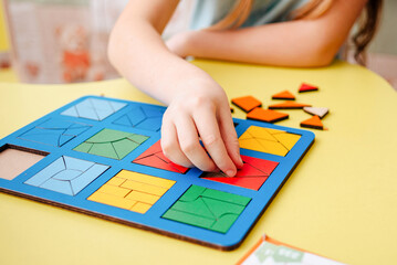 Study of color and shape. Matching game. Montessori methodology tool for concentration, speech...