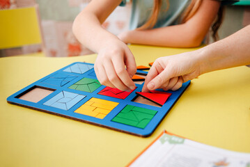 Study of color and shape. Matching game. Montessori methodology tool for concentration, speech...
