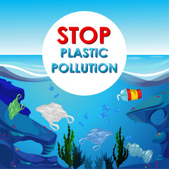 Stop ocean plastic pollution. The illustration shows water pollution by plastic and other waste. Can be used as poster.