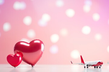 Romantic travel concept, airplane and hearts on a pink background, symbolizing love and adventure.