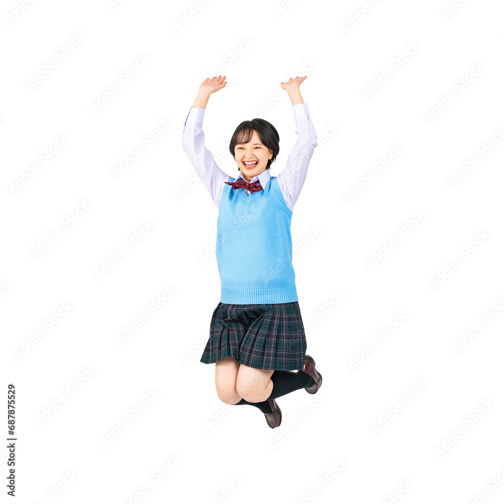 Poster ジャンプする制服を着た女子学生　切り抜き全身写真