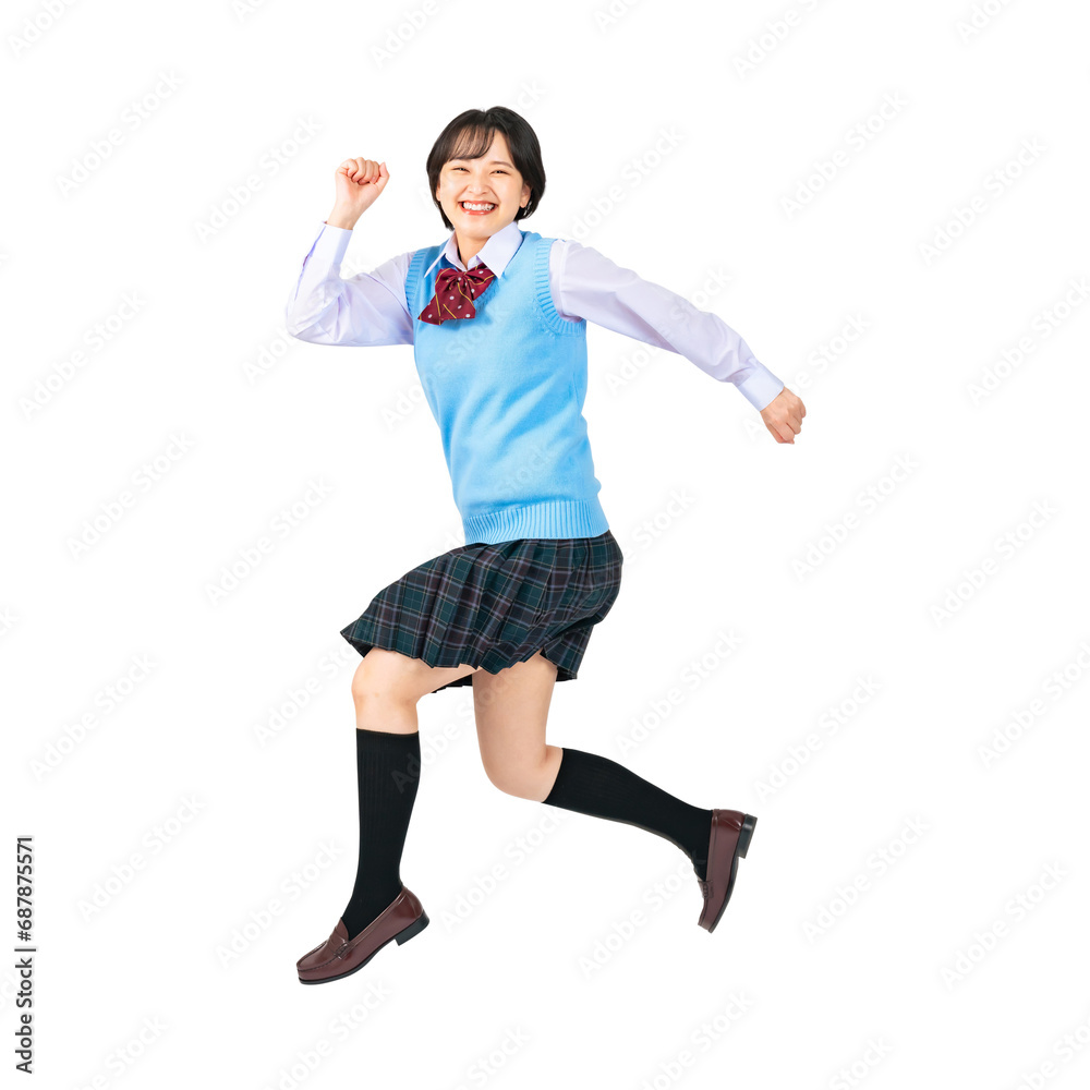 Poster ジャンプする制服を着た女子学生　切り抜き全身写真