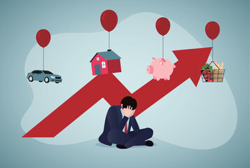 Inflation, growth of price. Shopping basket with foods, house, car, savings tied by air balloon.Man feels depression