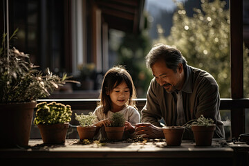 The multi-generational family enjoys spending time together repotting and caring for plants. - Powered by Adobe