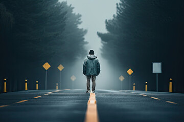 A man goes on a solo journey along a mysterious road shrouded in fog and beauty.