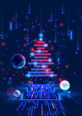 Christmas tree on Christmas poster in computer technology style. New year, merry christmas congratulations card in computer tech design. Template Christmas cards in style of digital technology.