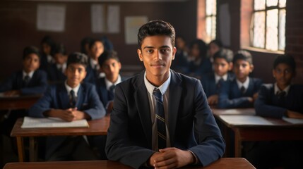 portrait photo of an 18 year old Indian boy in a modern school classroom. concept education, school - obrazy, fototapety, plakaty