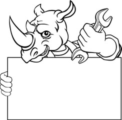 A rhino handyman, mechanic, plumber or other construction cartoon mascot man holding a wrench or spanner tool.