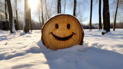 Smiley face emoji drawn on snow covered tree stump
