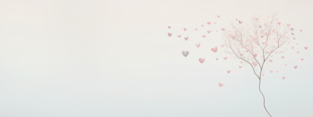 Valentine's Day banner with copy space for text in minimalism soft pastel shades. flying pink tree hearts on the background. concept for valentine's day, march 8, mother's day