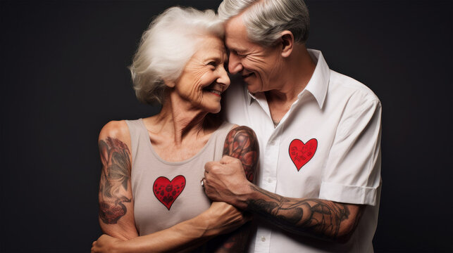 an elderly couple in love celebrates Valentine's Day, an image of a heart on clothes. concept holidays, love, elderly people, happy old age