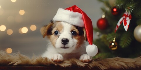 A puppy in a Santa Claus hat