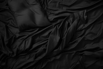 Top view of an unmade black bed with a crumpled sheet and pillows in the morning - obrazy, fototapety, plakaty