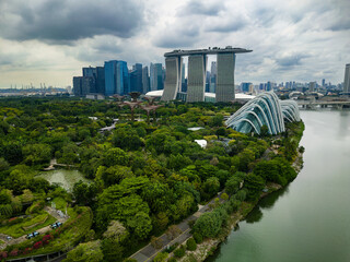 Aerial view of the parks, gardens and modern buildings at the Marina Bay area of the city of Singapore