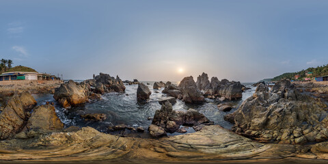 full hdri 360 panorama view on ocean on shore with rocks in equirectangular projection with zenith and nadir. VR AR content