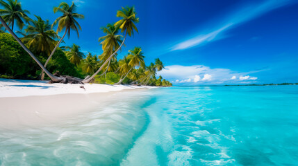 Fototapeta premium Tropical beach with clear turquoise water and palm trees. 