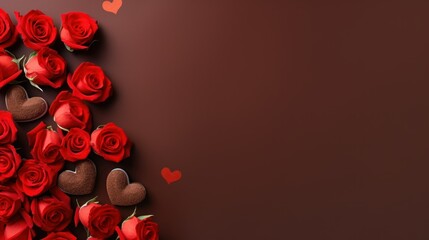 concept: holidays, Valentine's Day, March 8, love, banner. delicate pink-red spring flower in the shape of a heart and chocolate candies on a simple background with space for text