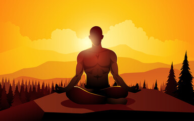 Silhouette of a man doing yoga on mountain peak, vector illustration