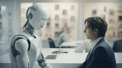 office worker, young man talking to a robot director at an interview for a company. concept: robotics, future, work, bosses, androids, intelligence - obrazy, fototapety, plakaty