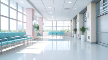 Naklejka na ściany i meble Empty modern hospital corridor with rooms and seats waiting room in medical office