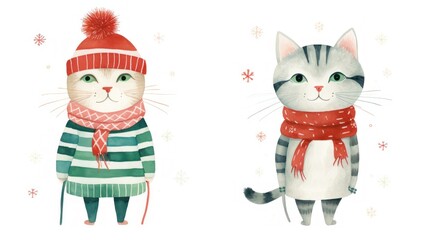 illustration of two cute cats wearing winter clothes on a white isolated background. concept: winter, humor, cat, postcard, new year, christmas