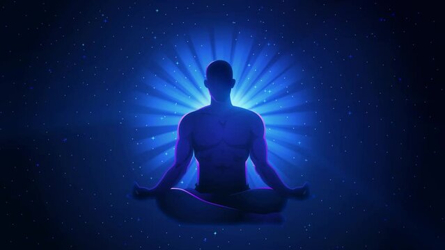 Silhouette motion graphic of a man figure meditating on space, enlightenment, manifesting positive thoughts