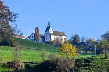 St. Chrischona, Kirche, Bettingen, Riehen, Basel, Bergstrasse, Wanderweg, Landwirtschaft,...