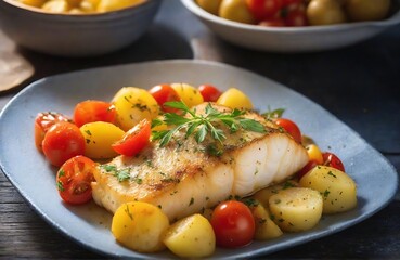 Baked cod with potatoes and cherry tomatoes. Created with Generative Ai technology.