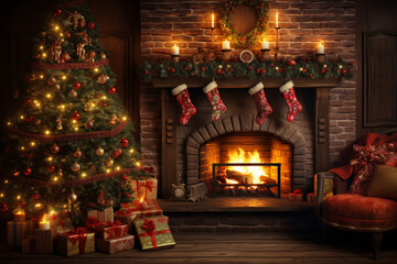 fireplace with christmas tree, fireplace with christmas decorations, Happy New Year Fireplace, Merry Christmas, Holiday, tree
