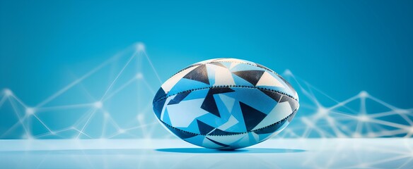Abstract Rugby ball consisting of lines and triangles. point connecting network on blue background. generative AI