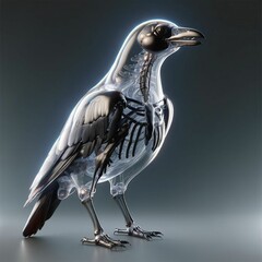 A crow with a transparent body in which you can see internal organs and bones in detail. AI generated.