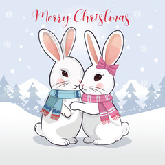 Merry Christmas Card With Cute Rabbit Couple And Winter Background Vector Illustration