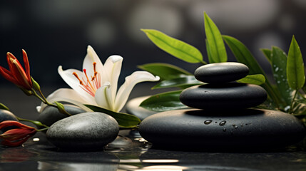 Beautiful lily flower and stack of stones on water surface - obrazy, fototapety, plakaty