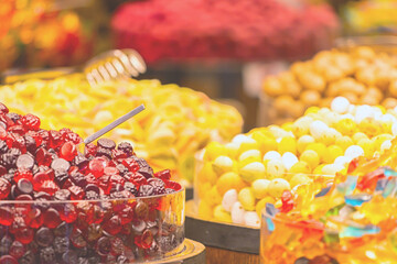 Multicolored candy mix. Colorful bowls with sweets at the candy store. Toning. Istanbul, Turkey