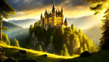 An ancient medieval fantasy castle on top of a mountain in a green forest at sunrise or sunset.