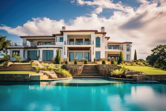 Luxurious modern mansion with a pool, beautiful architecture, and a view of a lake; affluent lifestyle.