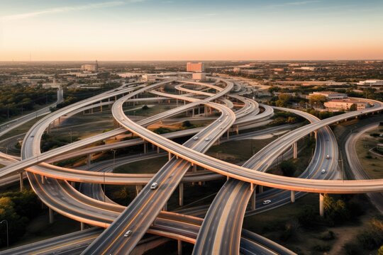 Aerial view of a modern city highway network with cars, intersections, and bridges; urban transportation.