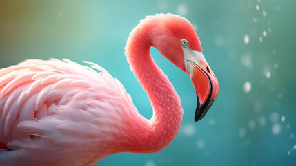 Fototapeta premium close up of a pink flamingo on a blue background
