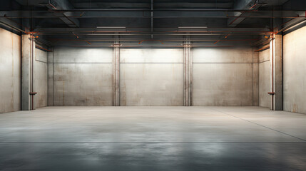 empty large warehouse with lighting and concrete walls - obrazy, fototapety, plakaty