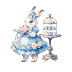 Rabbit wear an elegant blue dress at a spring afternoon tea party