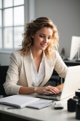 A happy smiling businesswoman wearing a stylish outfit is working on a laptop in a cozy modern office at her favorite job.