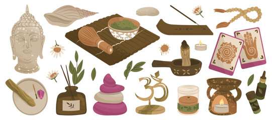A set of attributes and tools for yoga. Items to create an atmosphere of relaxation and balance. Vector illustrations for stickers and cards. Objects isolated on a white background.