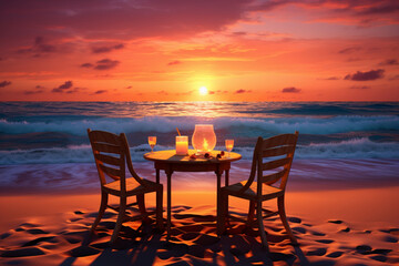 Amazing romantic dinner table on beach sand candles under sunset sky. Romance love, luxury couple destination dinning, exotic table setup with colorful sea sky view. Honeymoon anniversary landscape