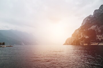 Panoramic view of Garda Lake in Italy. Riva del Garda sightseeing - obrazy, fototapety, plakaty