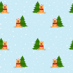 Seamless funny capybara next to Christmas tree.