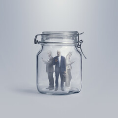 People trapped in a jar and using their smartphones