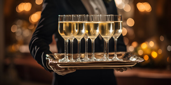 champagne glasses, The waiter holds glasses with wine on a tray glasses of wine on a tray alcoholic drinks for guests. Generative Ai
