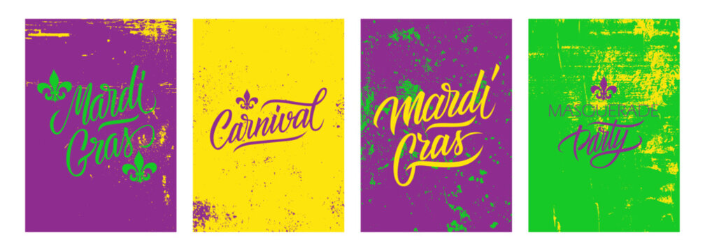 Mardi Gras greeting cards set. Fat Tuesday holiday lettering greetings with grunge textures and Fleur De Lis sign. Vector Illustration.