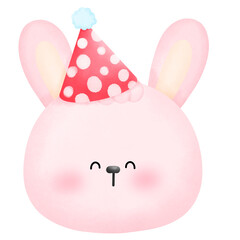 Pink rabbit face wearing a red party hat