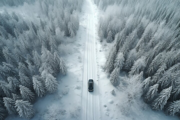 An aerial view capturing a car driving along a snow-covered road through a dense pine forest, with tire tracks visible in the fresh snow, 
depicting a journey through a cold landscape. - Powered by Adobe